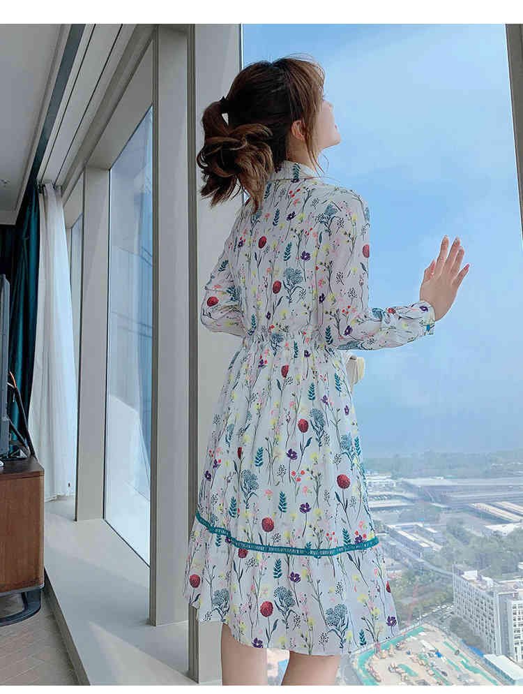 Spring Elegant Women High Waist A Line Dress Vestidos Vintage Fashion Flowers Turn Down Collar Long Sleeve Chiffon Party Dress 210518