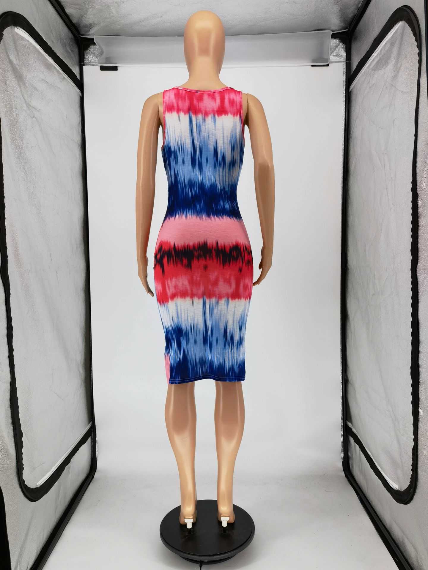 Women Tie Dye Printed Sleeveless Hollow Out Bodycon Midi Dress 210702