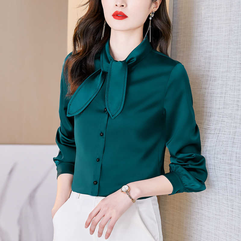 Korean Women Silk Blouses Woman Satin Bow Shirts Embroidery Top Plus Size Long Sleeve 210604