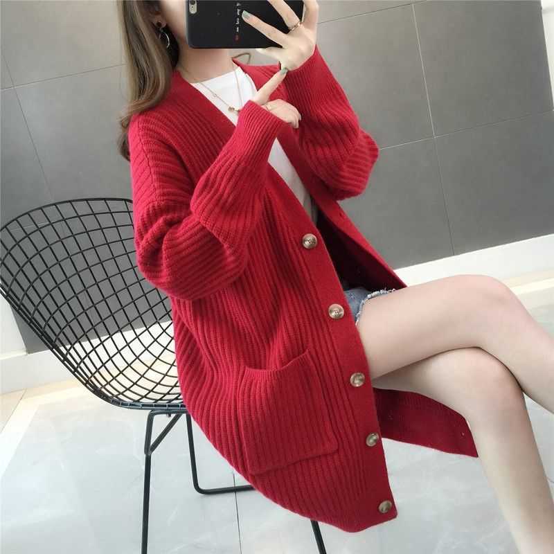 Ladies Knitted V-neck Cardigan Mid-length Casual Loose Single-breasted Coat Jacket Female Thick Outwear Women's Autumn Winter 211011Z