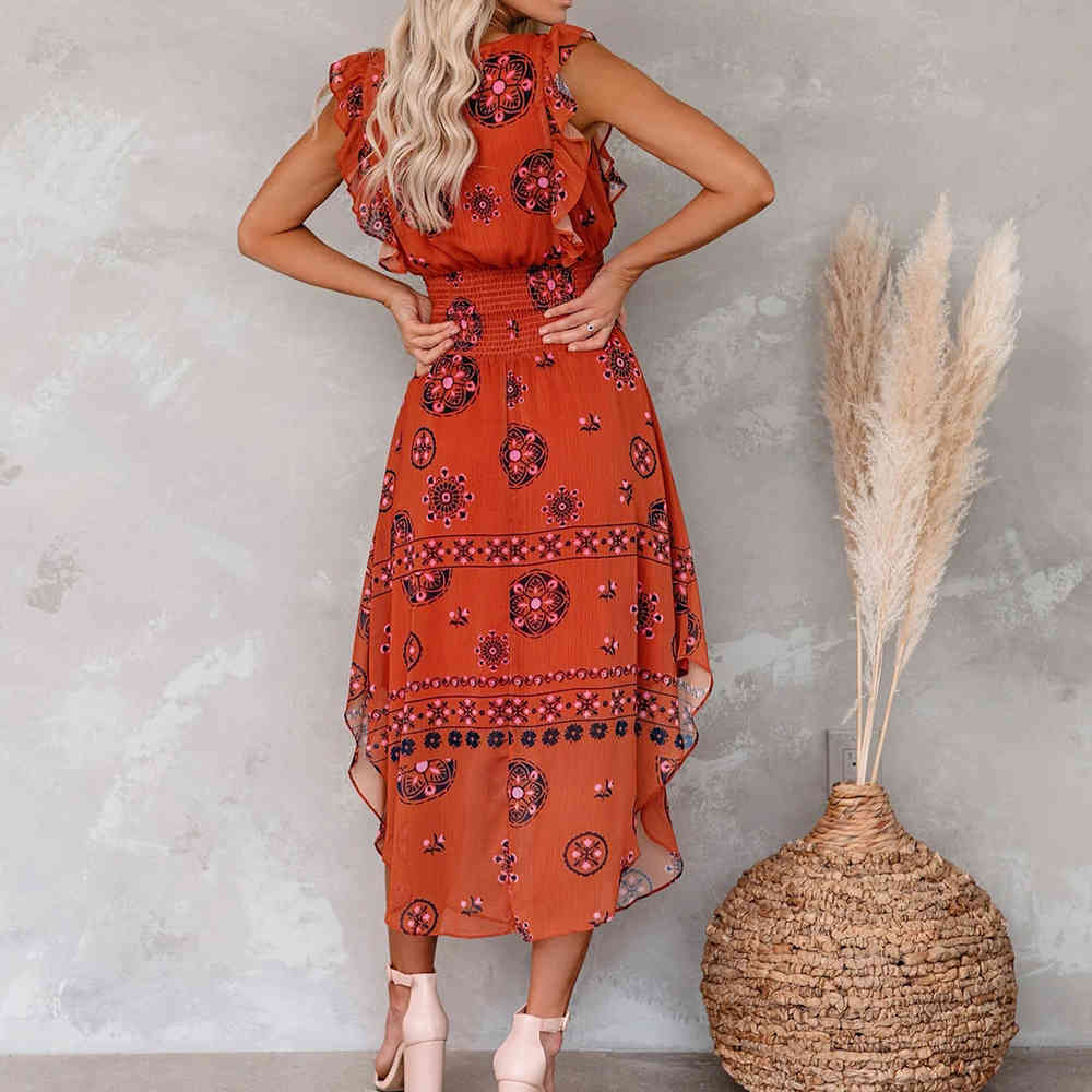 Summer Sexy Sleeveless Red Long Dresses Women Vintage Pattern Behavior Smocked Ruffle Midi Dress Fashion Clothes For Women 210415