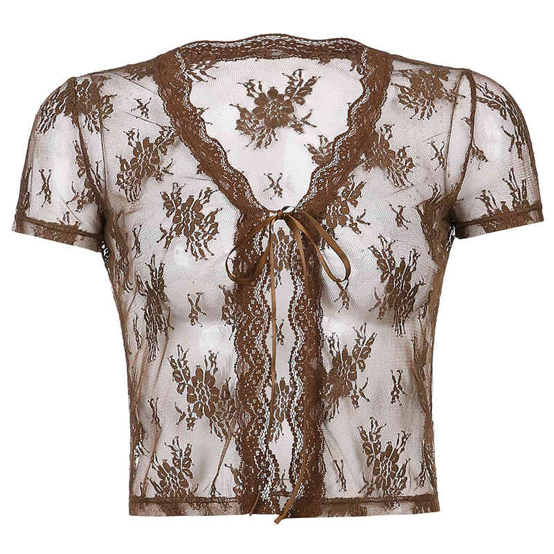 Rockmore Brown Mesh Transparent Tshirt Women Lace Up Cardigan Tops Y2K Short Sleeve Tees Shirts Streetwear Summer Sexy T-shirt 210406