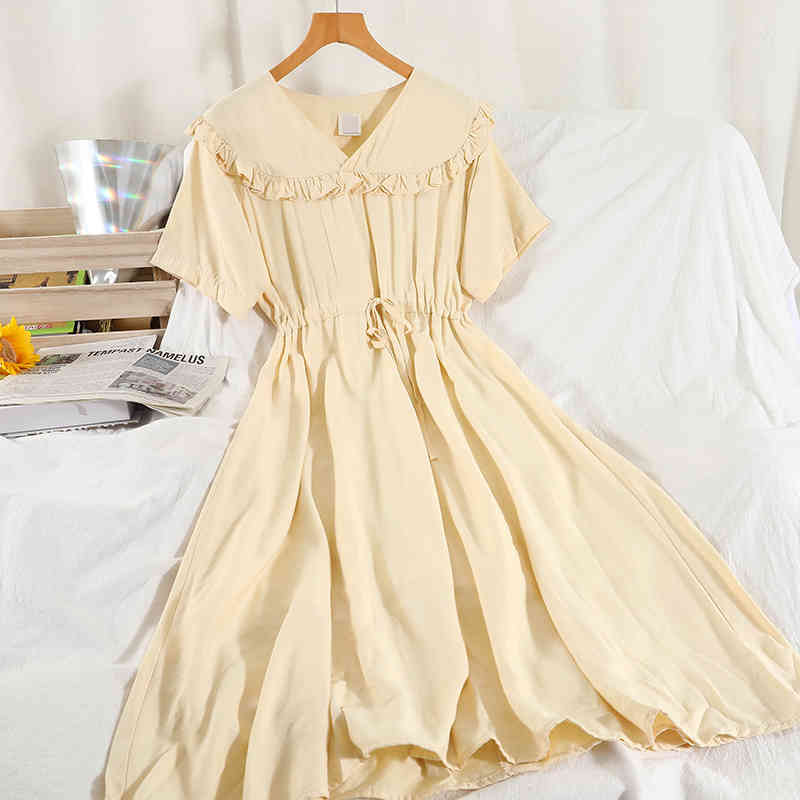 LoveFlowerLife Summer A Line Square Collar Chiffon High Waist Mid-Calf Women Dresses Vintage Solid Sweet Dress 210521