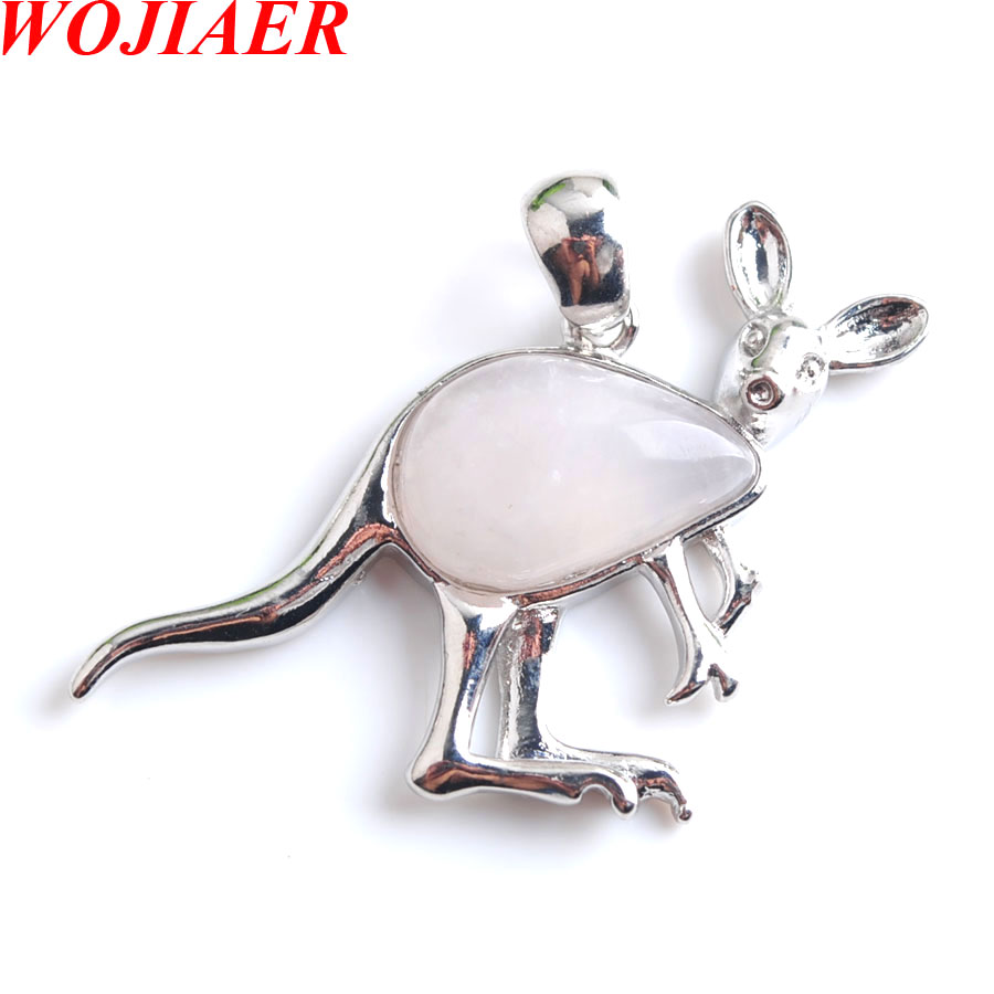 WOJIAER Cute Animal Kangaroo Pendant Water Drop Natural Stone Pink Quartz Crystal Fashion Jewelry for Women Girls BE907