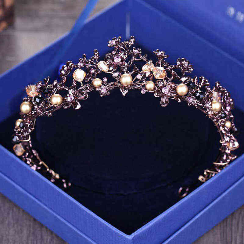 Baroque Vintage Purple Crystal Wedding Bridal Tiaras Hairband Headpiece Black Princess Pageant Crown Hair Accessories 211109