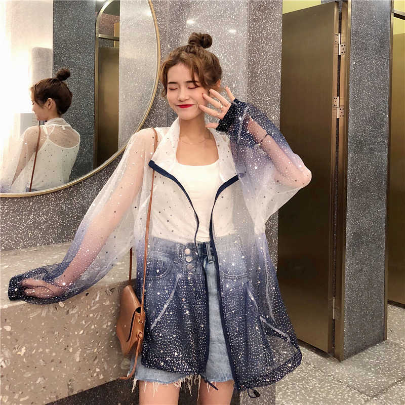 Harajuku Sun Protection Coat Long Sleeve Transparent Jacket Gradient Sequin Female Jacket Women Thin Plus Size Feminine Coat 210722