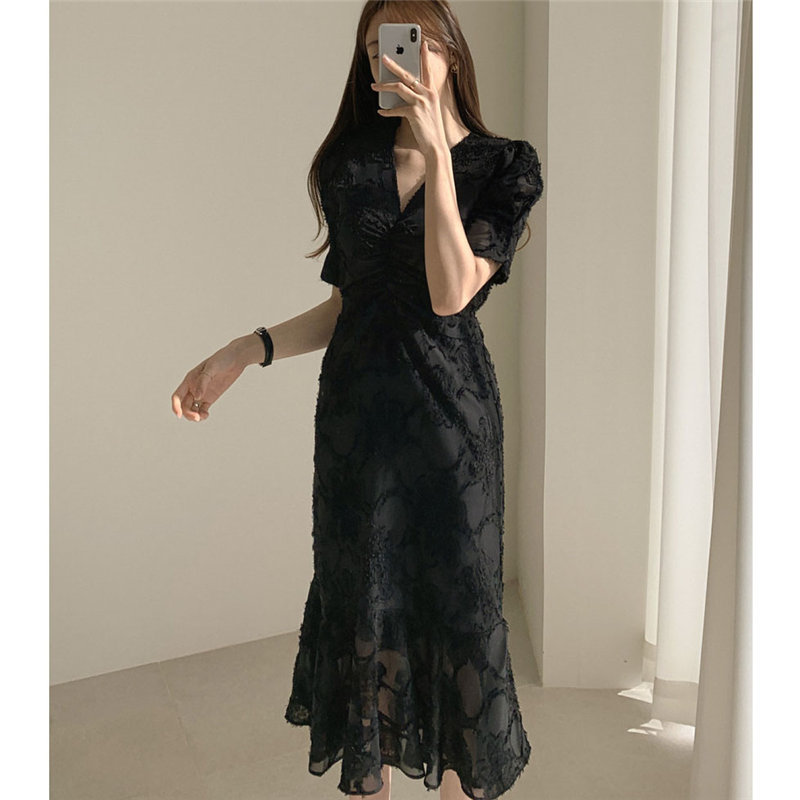Alien Kitty Stylish VNeck Elegant WaistControlled Slimming Early Spring Plus Slender Ruffles ShortSleeved Long Dress 210401