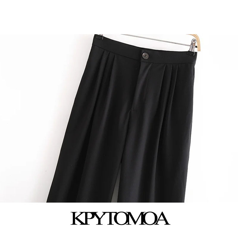 Women Elegant Fashion Office Wear Pleated Wide Leg Pants Vintage High Waist Side Pockets Female Trousers Mujer 210416