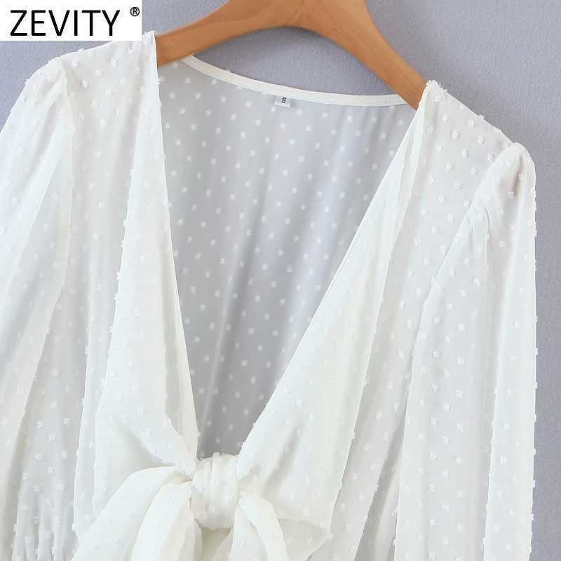 Zevity Women Sexy V Neck Knotted Dots Stitching Chiffon Dress Female Chic Puff Sleeve Elastic Waist Slim Ruffles Vestidos DS8347 210603