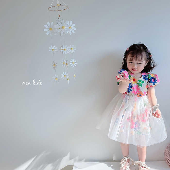 Korean Girls Flowers Dress Princess Tulle Print Pattern for Kids Lovely Cotton Tiered Birthday Causal Clothes 210529
