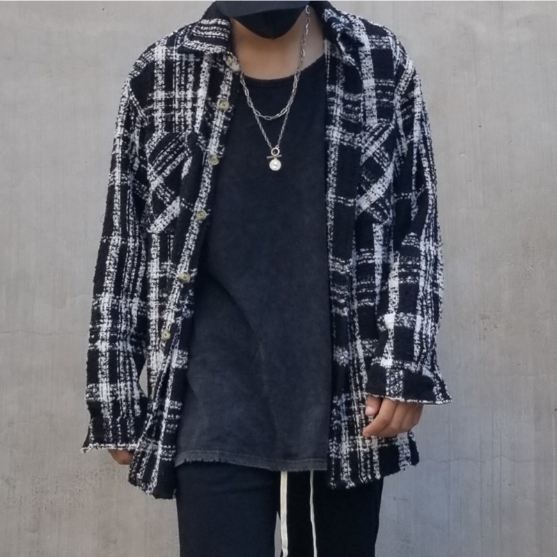 IEFB /Vintage men's cltohing tide new black white striped printting Woolen Shirt for Male famale Oversize loose tops 9Y2822 210410