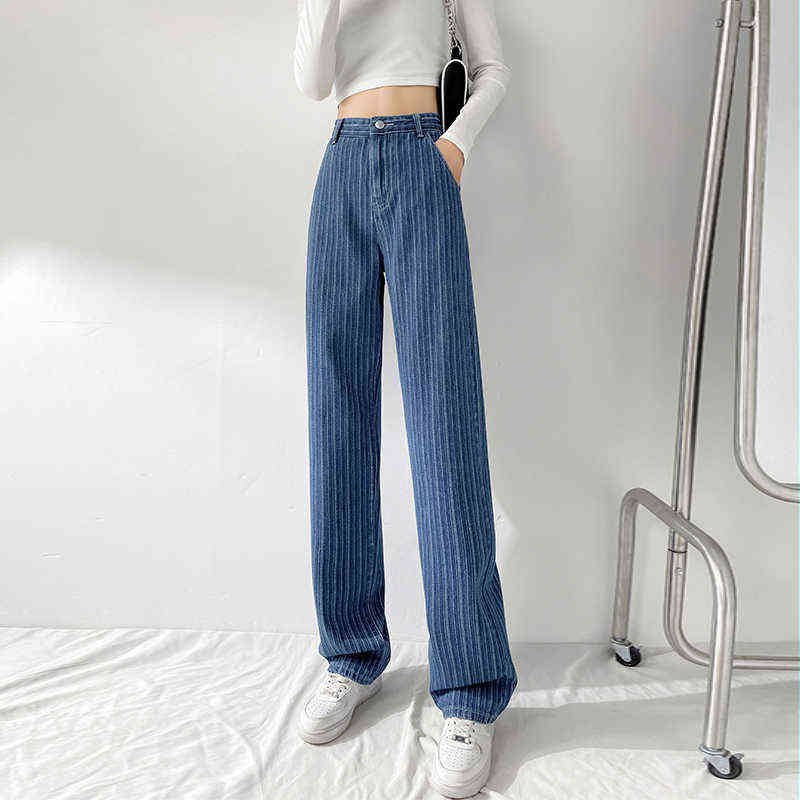 Jacquard Blue Women Pants Casual Striped Retro Basic Straight Loose Plus Size Jeans Y2K Fashion Trendy Ladies Trousers 211129