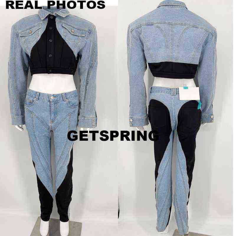 GetSpring Women Jeans leggings Vintage Patchwork High Waist Denim Pencil Pants Color Matching Long Female Trousers Autumn 211129