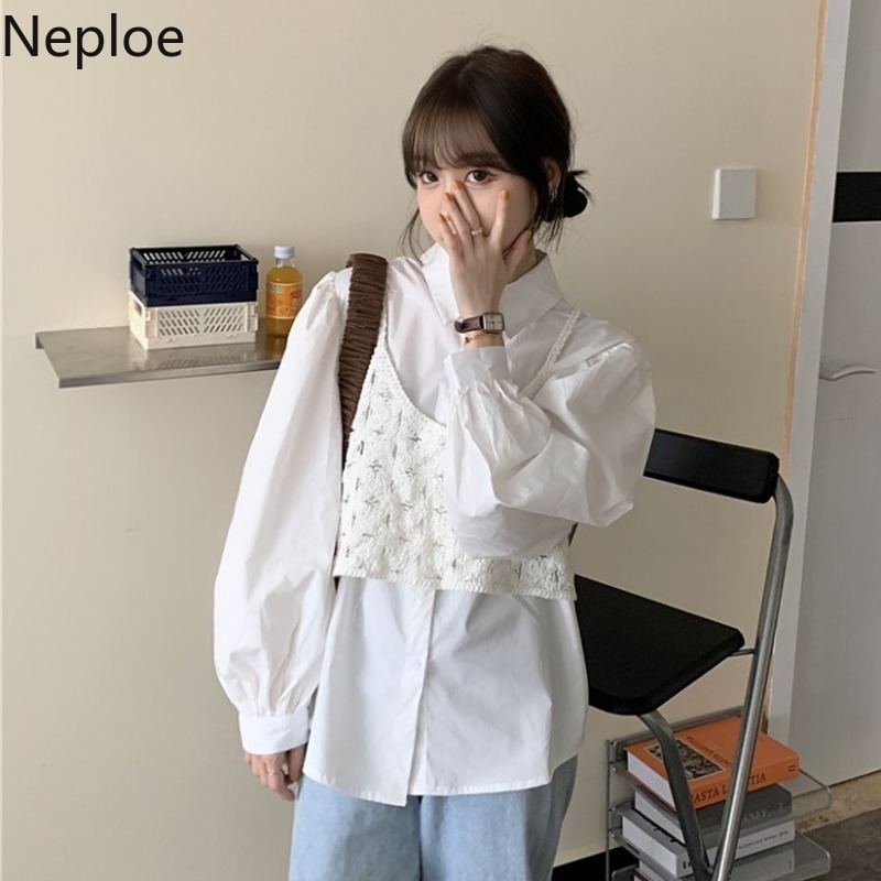 Neploe Two Piece Set Women Spring Suit Loose Shirt Tops Knitted Hollow Out Short Vest Korean Fashion 2 Piece Set Female 210422