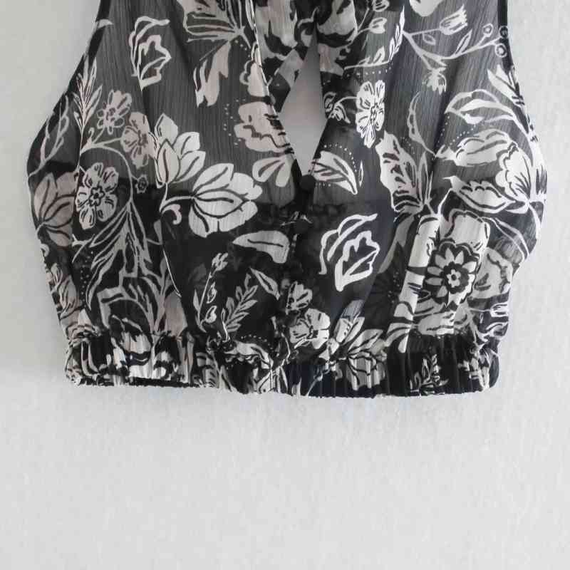 Summer Women Floral Print Chiffon Short Vest Backless Shirt Female Transparent Blouse Casual Lady Loose Tops Blusas S8931 210430