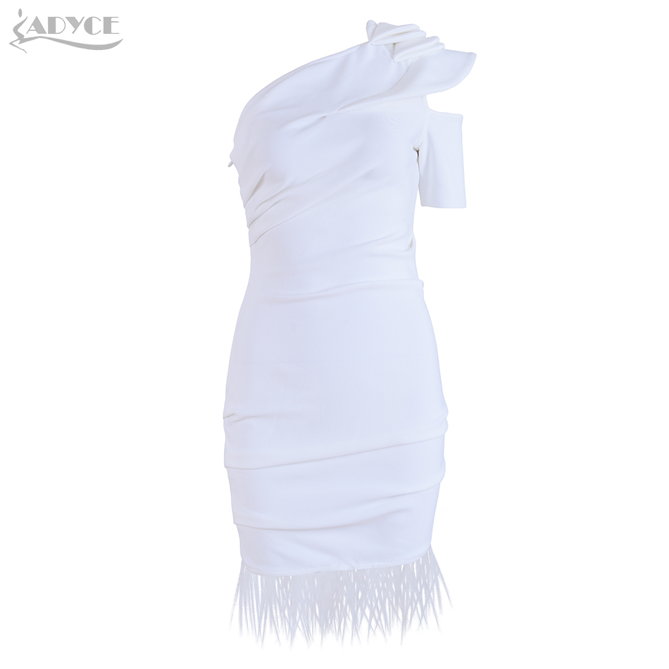 Summer Women White One Shoulder Bandage Dress Sexy Sleeveless Feathers Mini Celebrity Runway Party Vestidos 210423