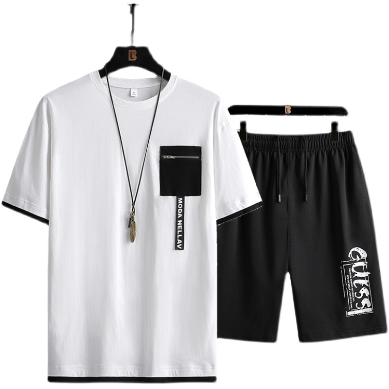 Men's Set Fashion Short Sleeve Tracksuit Sets Ribbon Patchwork Men Sportswear+Casual Sports Shorts Summer Male Sports Suit 2 PCS 210603