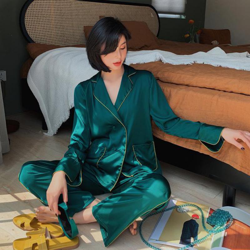 Summer Satin 2PCS Pajamas Suit Women Shirt&Pants Sleepwear Silky Homewear Pyjamas Casual Kimono Gown Intimate Lingerie Women's