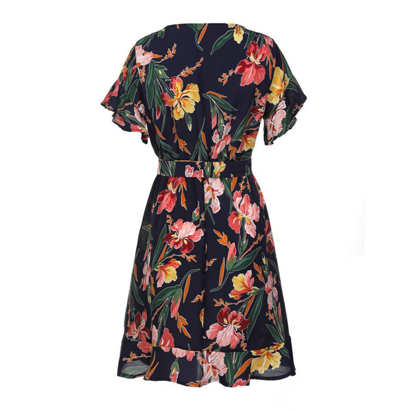 Women Boho Short Mini Dress Summer Floral Printed V-Neck Bow Knot Beachwear Sundress Ladies Short Sleeve Ruffles Loose Vestidos 210419