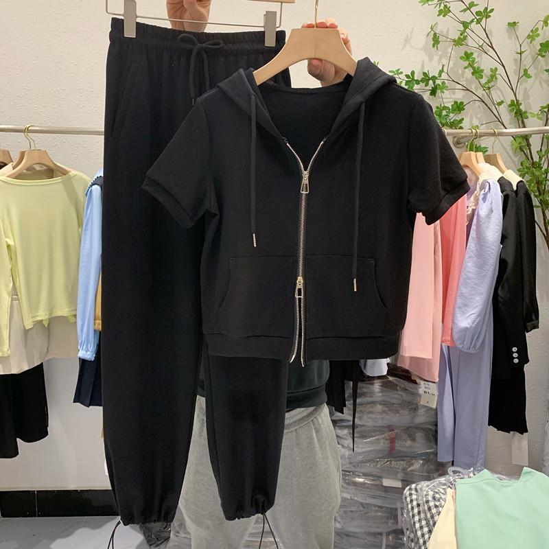 Nomikuma Women Two Pieces Outfits Short Hooded Sweatshirt Tops + Lace Up Waist Harem Pants Korean Causal Solid Pant Sets 6H132 210427