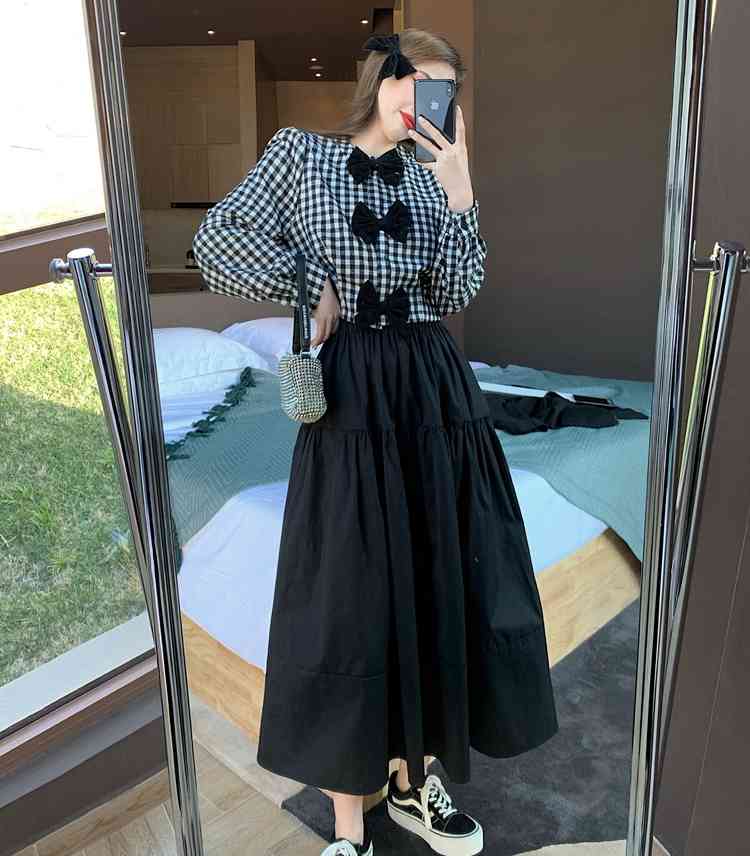 Vintage Puff Sleeve Blouse Women Elegant Bow Patchwork Plaid Shirt Korean Chic Office Lady Blusas Mujer De Moda 210519