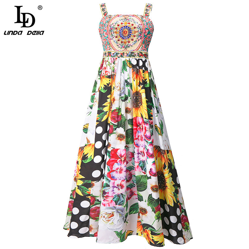 Summer Fashion Runway Holiday Elegant Dress Women Spaghetti Strap Floral Print patchwork Party Midi 210522
