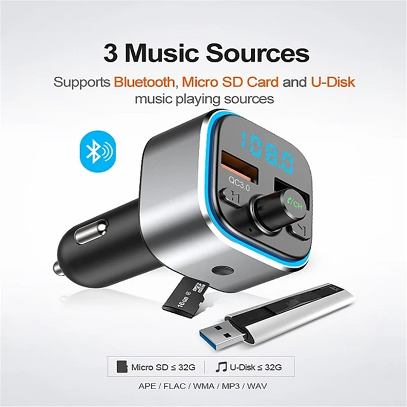 Fast Car Chargers USB Bluetooth Wireless FM Radio Transmitter Adapter HandsFree Calling 6 Colors LED Backlit With QC3.0 Charging Supports TF Card & U 