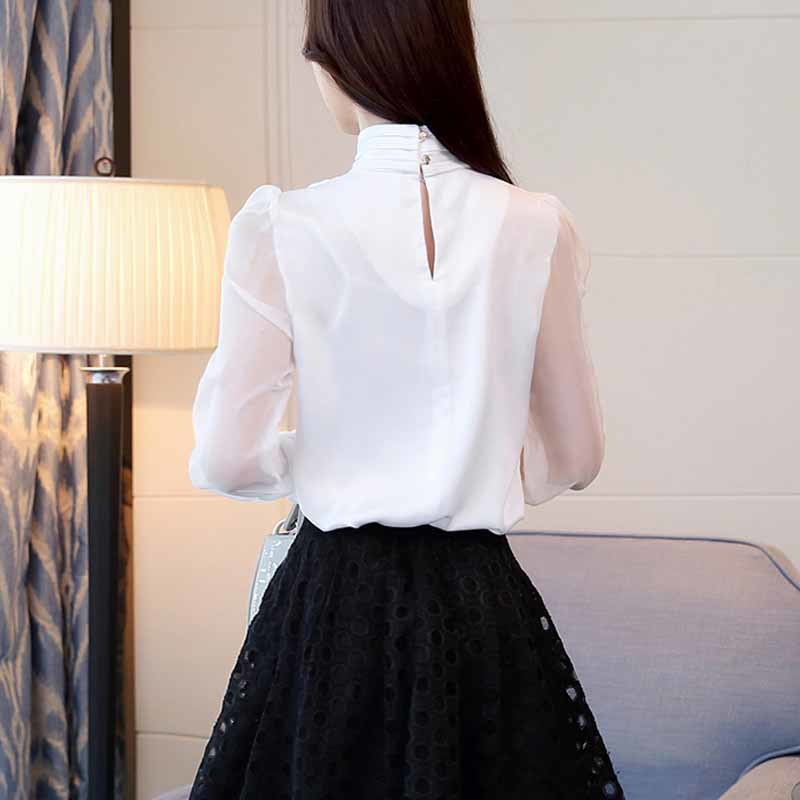 Summer Fashion Long Sleeve Tie Bow Chiffon Turtleneck Formal Women White Black Shirts Tunic Blouse 0599 30 210518