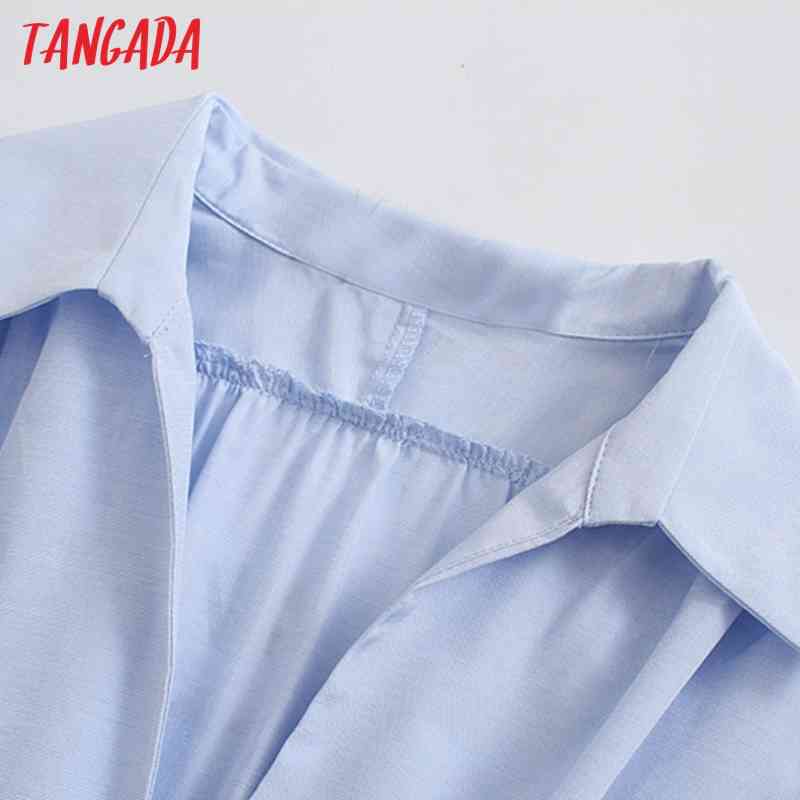 Fashion Women Blue Shirt Long Sleeve Strethy Waist Office Ladies Mini Dress JE25 210416