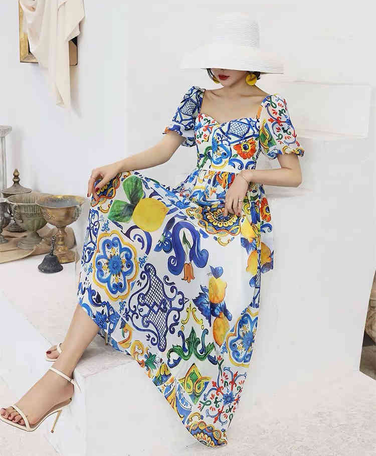 victorian square collar puff sleeve blue and white vintage printed summer maxi dress for women lady fashion chic robe 210421