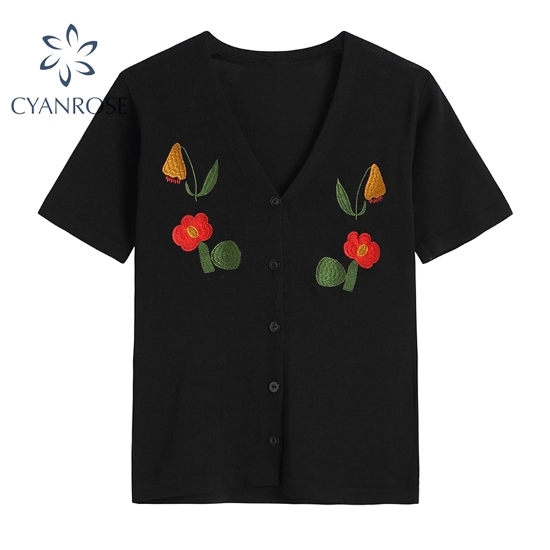 Women Single Breasted Floral Embroidery Knitted Blouse Summer Elegant Fashion V Neck Shirt All-match Chic Short Sleeve Tops 210430