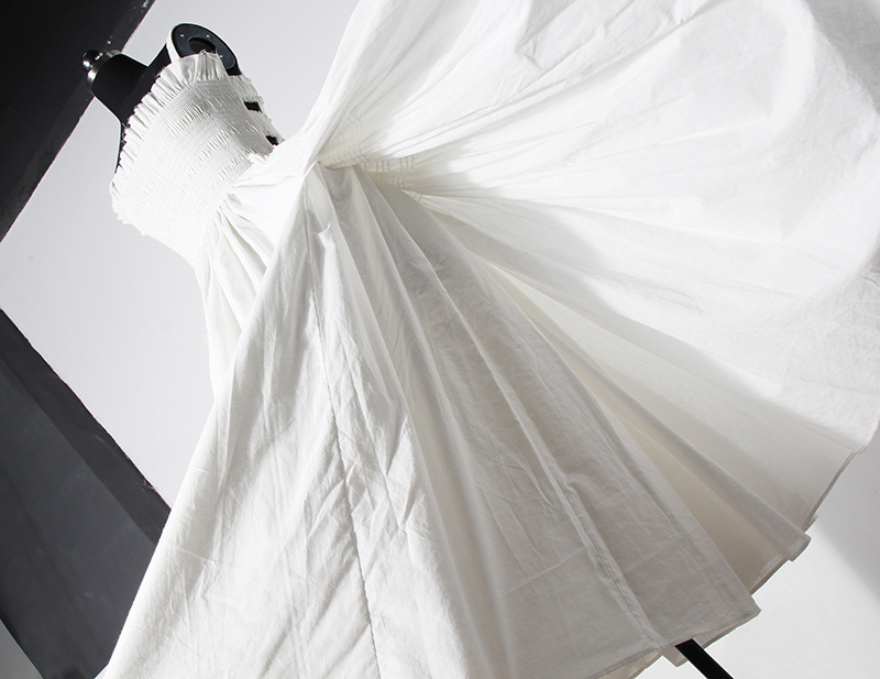 [EAM] Spring Summer Fashion New Solid Color Casual Women White Sling Backless Pleated Shrink Waist Slim Vintage Dress LA670 210409