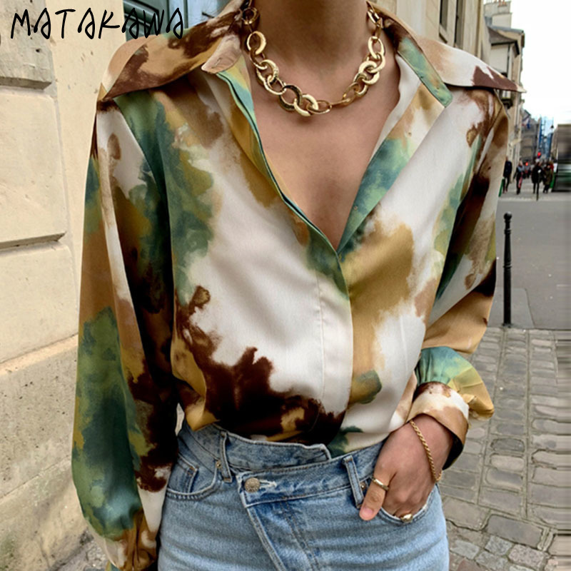 MATAKAWA Loose Casual Long-sleeved Shirt Top Korean Turn-down Collar Ink Printing Blusas Single-breasted Blouse Women Fashion 210513
