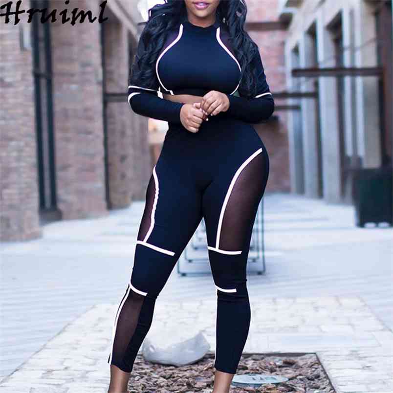 Sexy Two Piece Set Women Long Sleeve Crop Top Ankle-length Pants Autumn Elasticity Skinny Mesh See Through Lounge Wear Outfits 210513