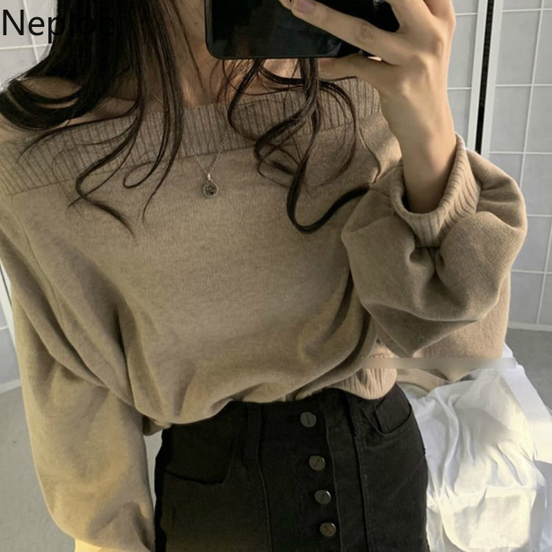 Neploe Temperament Slash Neck Sweaters for Women Korean Knitted Cropped Pullovers Sexy Off Shoulder Jumper Tops Female 4G516 210422