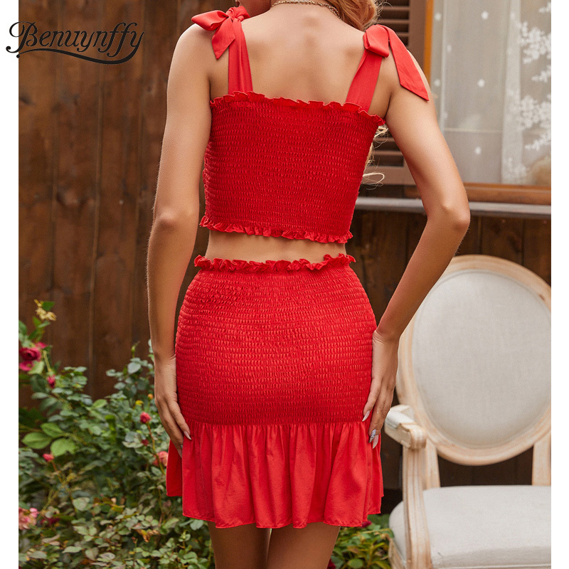 Bow Strap Frill Trim Crop Top with Ruffle Bodycon Mini Skirt Sets Women Fashion Street Two Piece Set Summer 210510