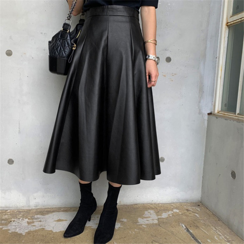 All Match Minimalist High Quality Chic Fashion PU Leather Winter Retro Slender Waist A-Line Long Flare-Skirts 210421