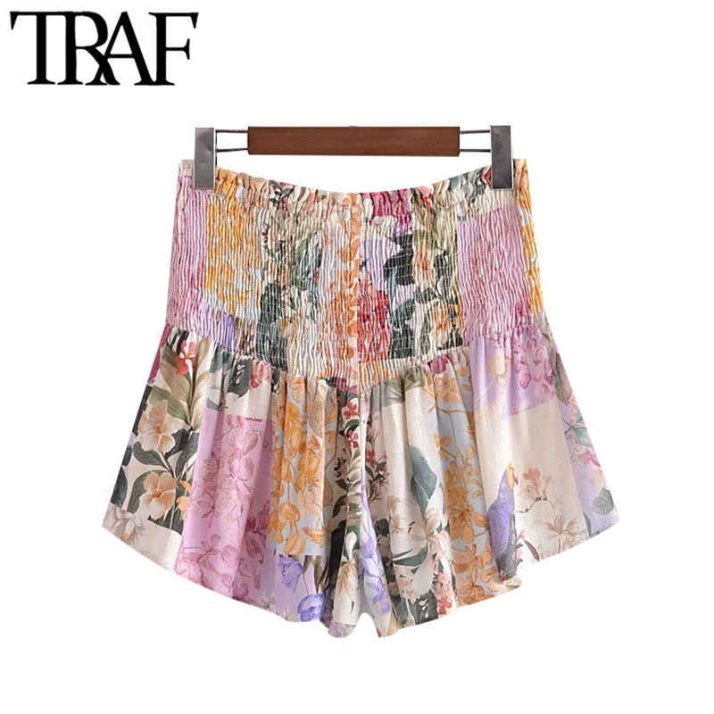 TRAF Women Chic Fashion Floral Print Smocked Shorts Vintage High Elastic Waist With Drawstring Female Short Pants Mujer 210611