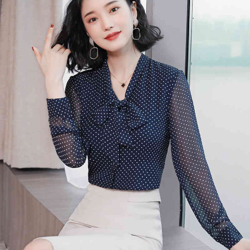 Fashion blue dot print chiffon blouse shirt womens tops and s Bow collar offoce long sleeve women shirts 1864 50 210506