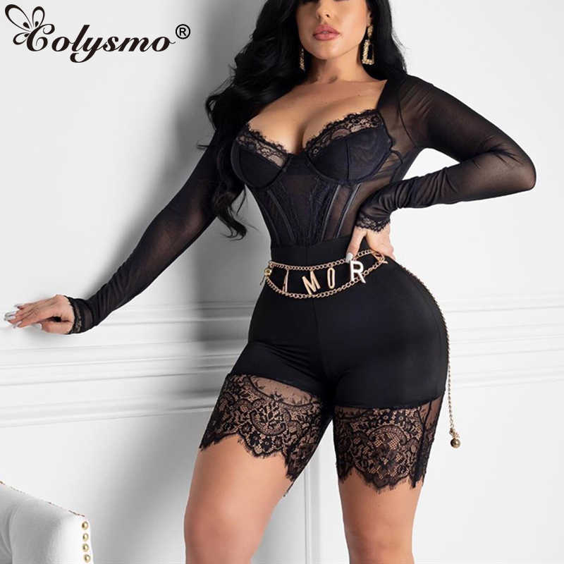 Colysmo Floral Lace Sexy Playsuit Women Black Long Sleeve See Through Zipper Bodycon Romper Party Jumpsuit Lady Skinny Playsuits 210527