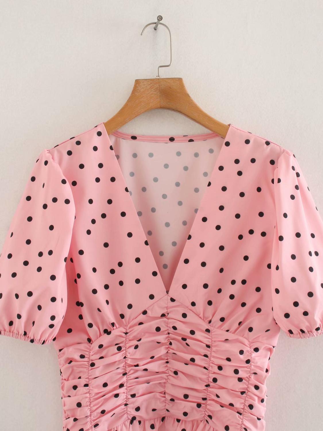 Retro V-neck Slimming Pleated Pink Dot Short Sleeve Chic Female Shirt Harajuku Sweet Navel Casual Holiday Party Women's Tops 210507