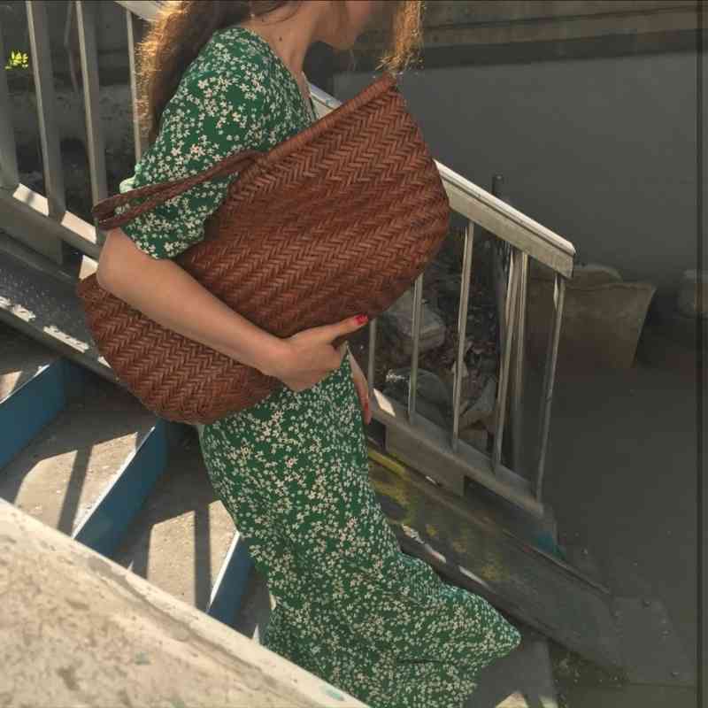 Women Summer Dress Elegant V Neck Flower Long Green Short Sleeve High Waist A-line Midi es French Style 14542 210510