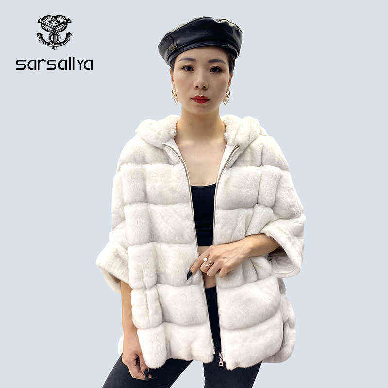 Real Rex Rabbit Natural Fur Coat Female Hoodies Zipper Poncho Jackets Winter Clothes Woman Fluffy Fur Warm Fashion Coat Big Size 211123