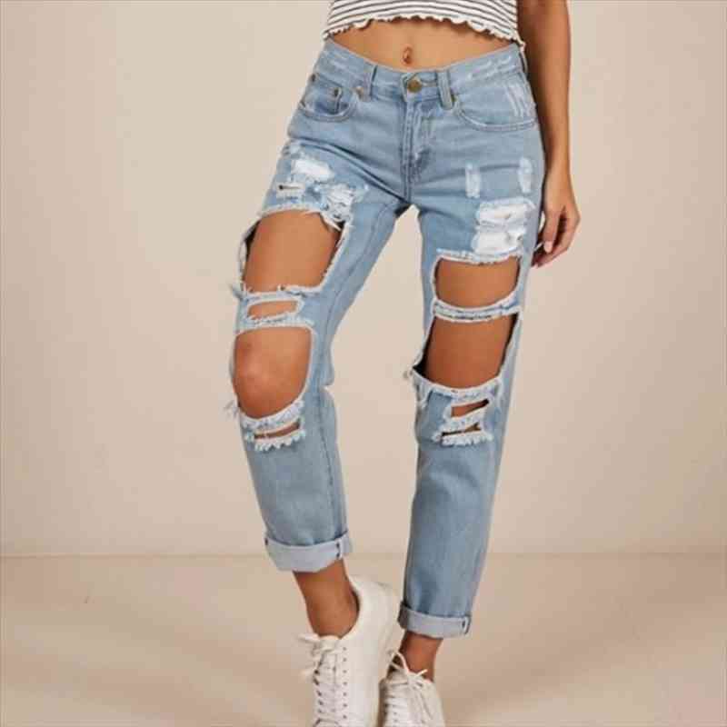 Beggar Knee Big Hole Ripped Distressed Jeans For Women High Waist Boyfriend Jeans Destroyed Denim Woman Broken Denim Pants, Blue
Beggar Knee Big Hole Ripped Distressed Jeans For Women High Waist Boyfriend Jeans Destroyed Denim Woman Broken Denim Pants, Blue