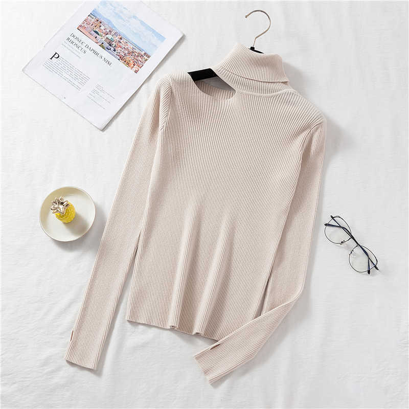 Sexy Knitted Sweater Off Shoulder Pullovers for Women Long Sleeve Turtleneck Female Jumper Black White Clothing 211018