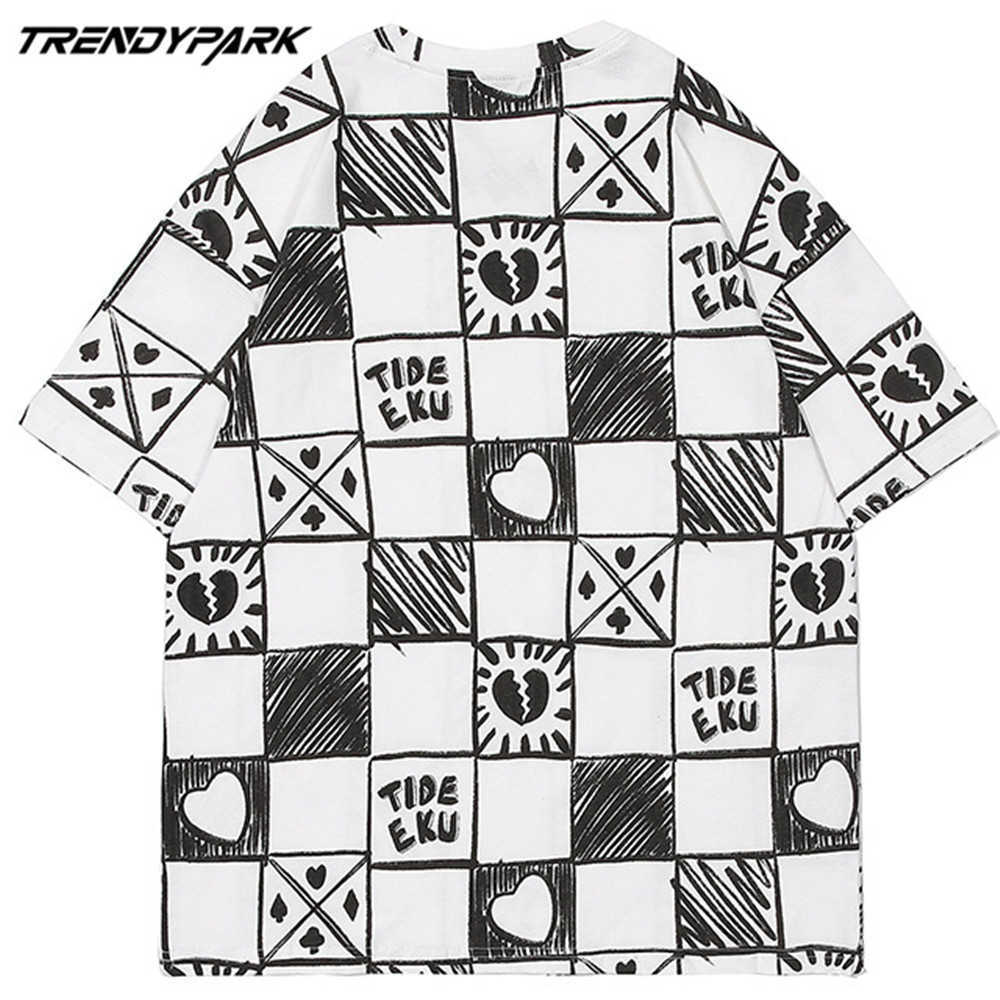 Men's T-shirt Hand Drawing Checked Plaid Summer Short Sleeve Printed Oversized Cotton Casual Harajuku Streetwear Top Tshirts 210601