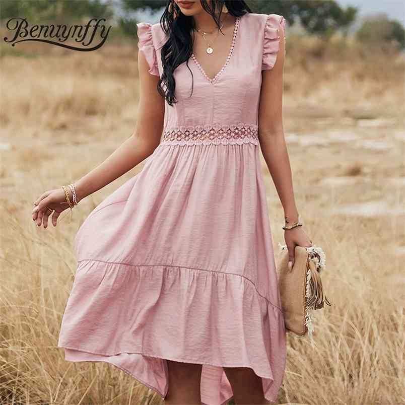 V-neck Hollow out Solid Dresses Women Elegant Ruffle Sleeve High Waist Female Asymmetrical Long Dress Summer 210510