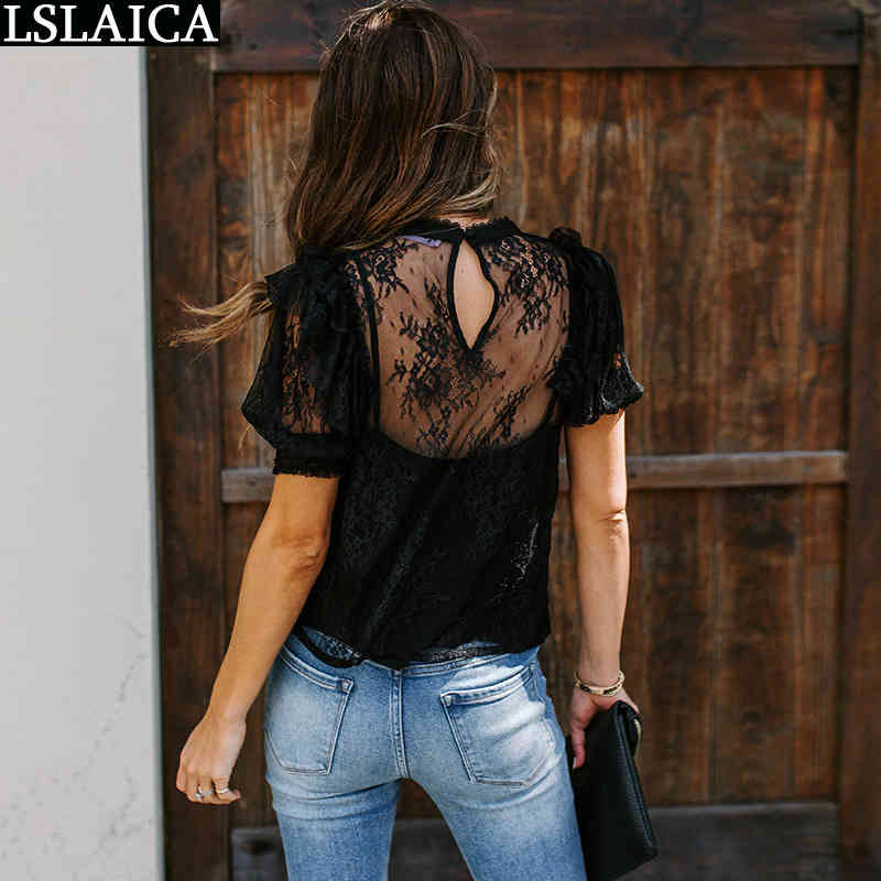 Womens Tops O-Neck Solid Lace Patchwork Causal Femmes Blouses Office Elegant Casual Shirts For Women Chemisier Femme 210520