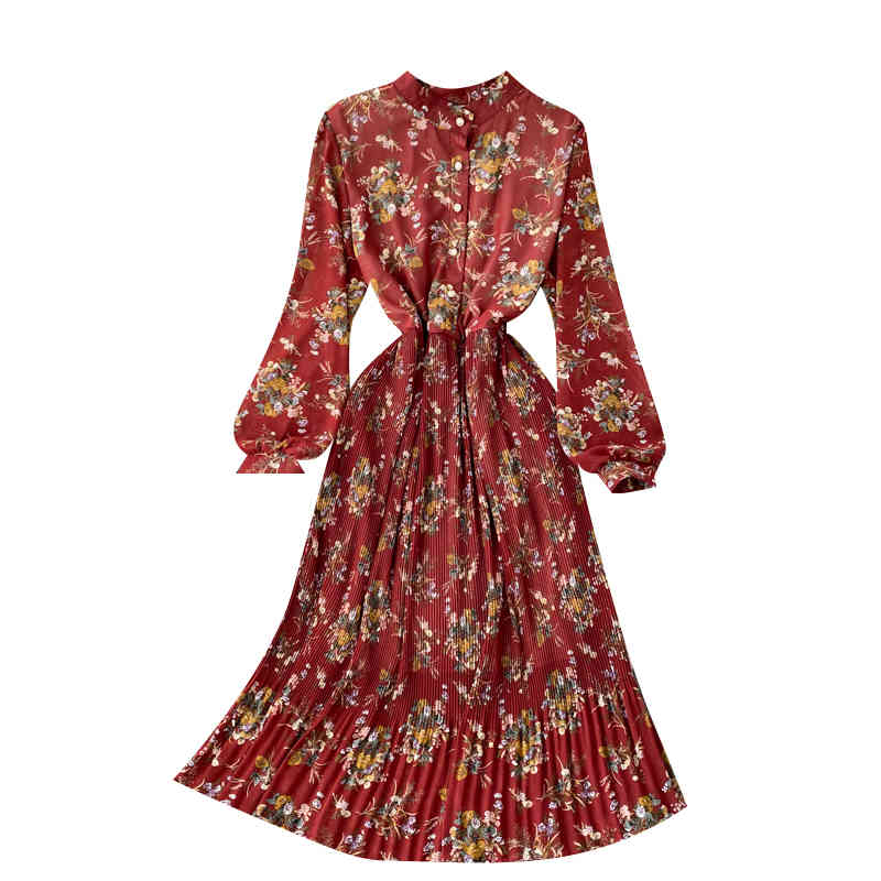 FLF Autumn Boho Print A-line Streetwear Dresses Women French Floral Dress O Neck Long Sleeve Button Ruched Ruffles Dress 210521