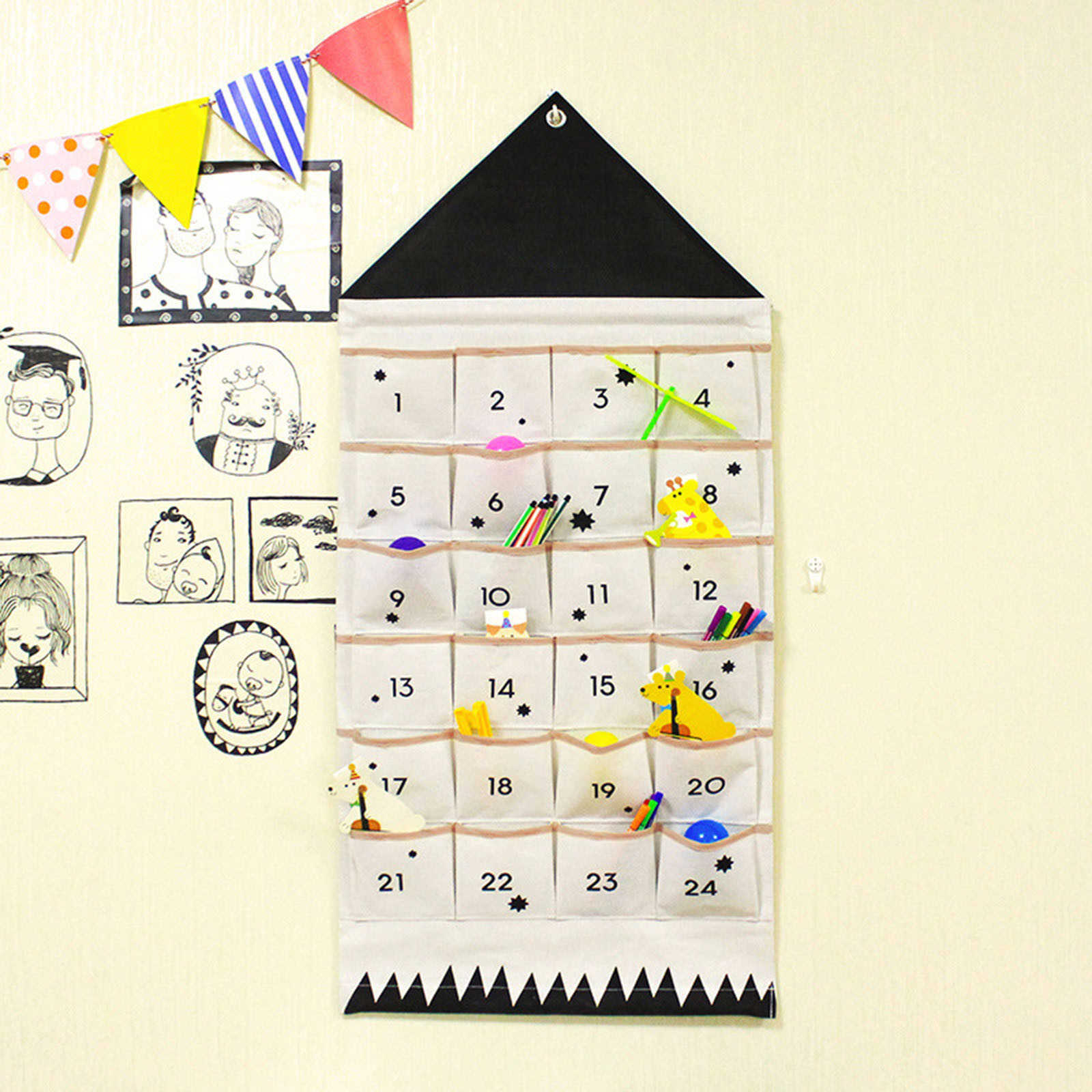 24 Pockets Fabric Christmas Calendar To Hanging Xmas Ornaments Party Advent Drawstring Bags Embellishments Banner Pendant 211019